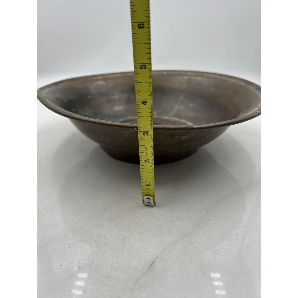 Brass Footed Shallow Bowl Chinese Fu Good Fortune Etched Greek Key Patina Decor